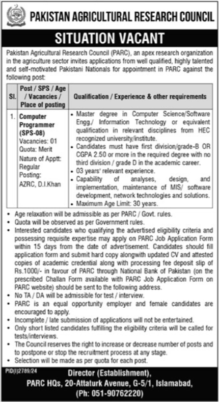 The position at the Pakistan Agricultural Research Council is vacant.