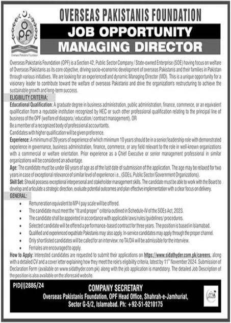 Jobs for Managing Directors at the Overseas Pakistanis Foundation in 2024