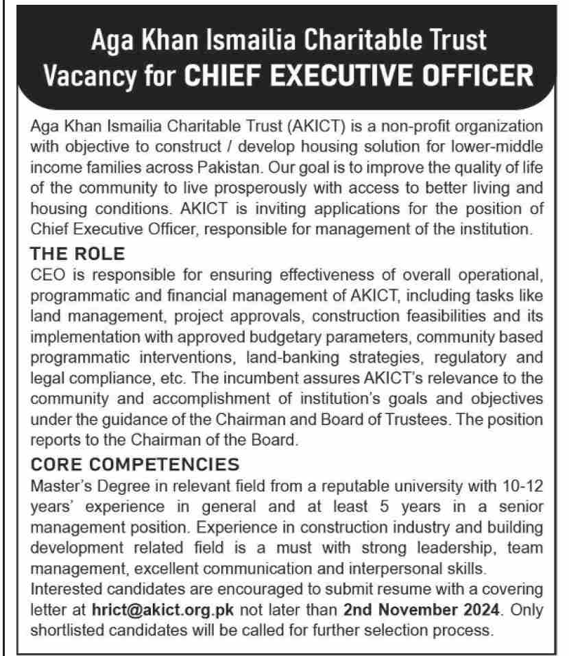 CEO Jobs at Aga Khan Islailia Charitable Trust in 2024