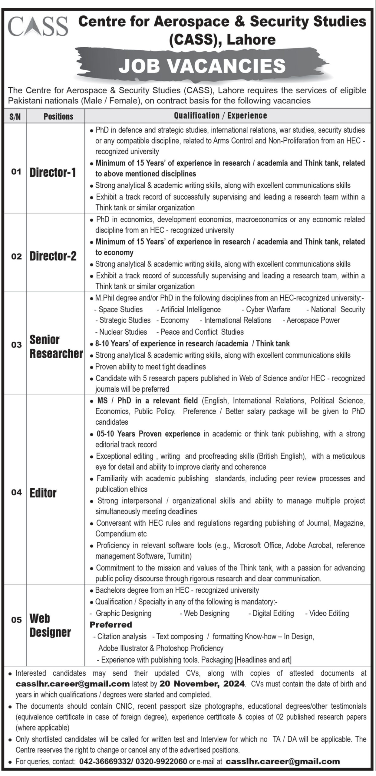 Center for Security and Aerospace Studies 2024 CASS Jobs