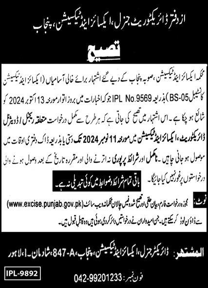 Jobs in Punjab's Excise and Taxation Department 2024