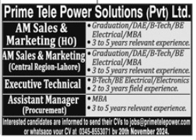 Rawalpindi Jobs at Prime Tele Power Solutions Ltd., 2024