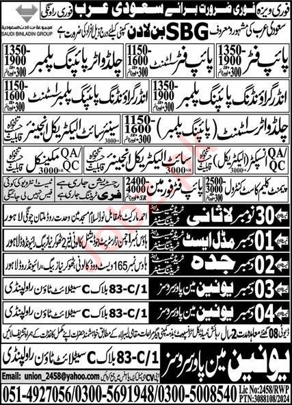 Jobs in Saudi Arabia at Union Manpower Services 2024